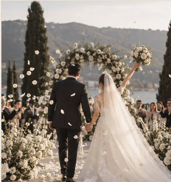 Ilustrasi editorial pasangan pengantin berjalan di antara bunga dan kelopak yang berjatuhan